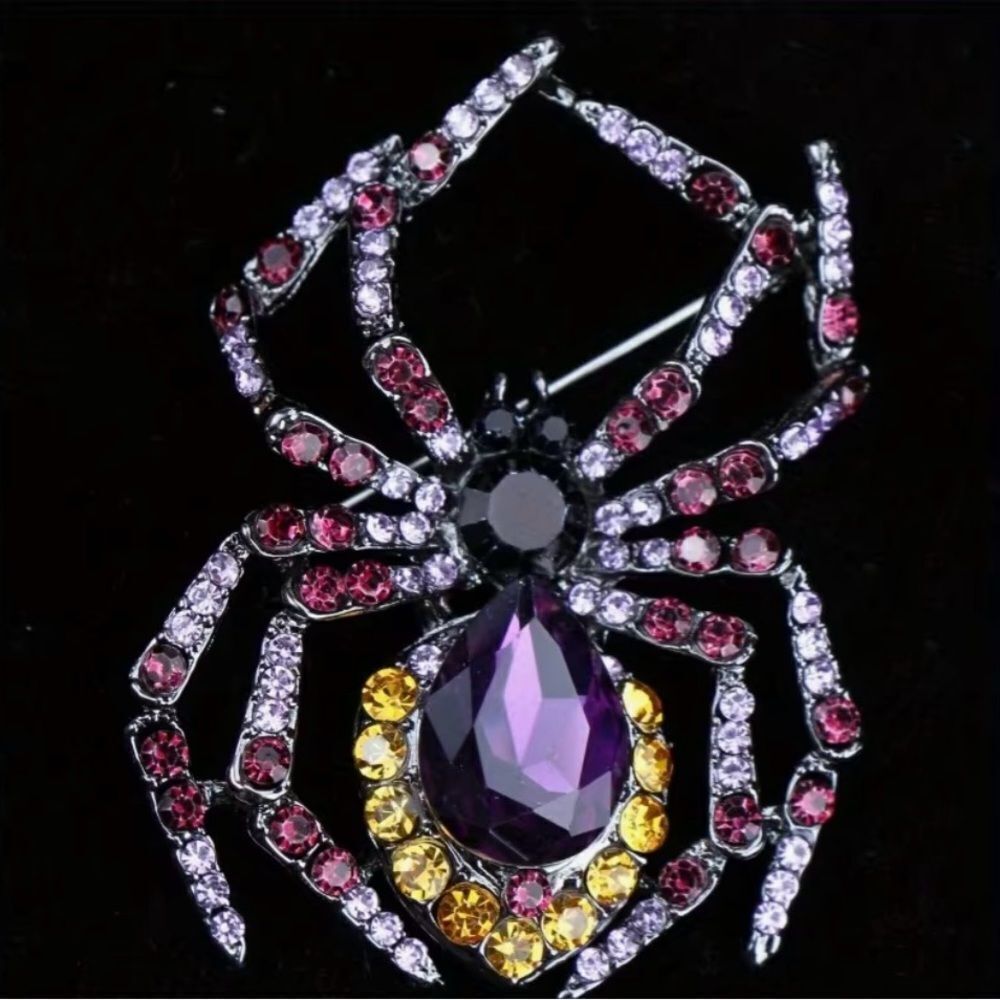 💜 Betsey Johnson Sparkling Spider Brooch with Purple and Yellow Crystals💜